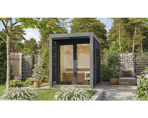 Saunahaus Karibu Sares 1 ohne Ofen mit Ganzglastüre aus Klarglas und Metallrahmen anthrazit Garten mit einer modernen Sauna aus Holz und Glas