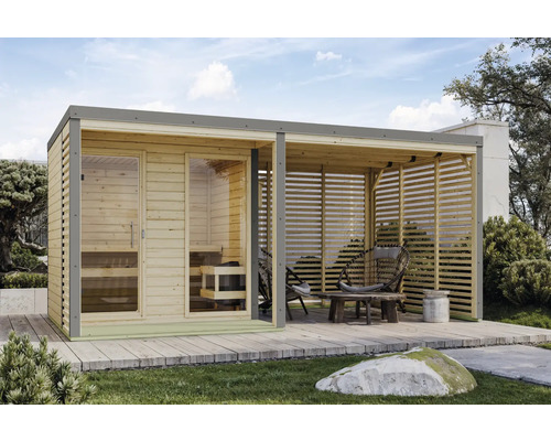 Außenansicht einer Gartensauna mit Ruhebereich und Holzterrasse