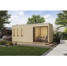 Modernes Gartenhaus mit Schiebetür und Fenstern im Garten