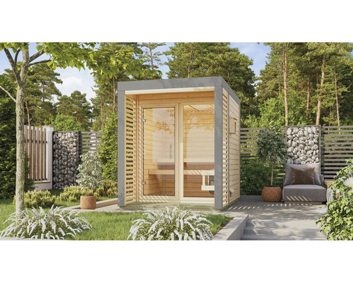 Saunahaus Karibu Sares 1 inkl. 9 kW Ofen u.ext.Steuerung mit Ganzglastüre aus Klarglas und Metallrahmen in staubgrau Außensauna aus Holz mit Glastür im Garten