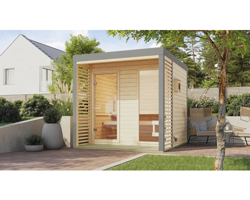 Saunahaus Karibu Sares 2 ohne Ofen mit Ganzglastüre aus Klarglas und Metallrahmen in staubgrau Moderne Gartensauna aus Holz mit Glasfront und seitlichen Holzlamellen