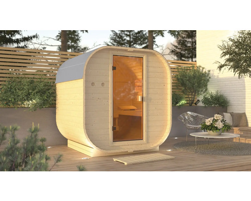 Fasssauna Karibu Quadrado 1 inkl. 9 kW Ofen u.ext.Steuerung mit bronzierter Ganzglastüre Holzfass-Sauna mit Glastür im Außenbereich