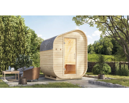 Fasssauna Karibu Rondi 1 inkl. 9 kW Ofen u.ext.Steuerung mit bronzierter Ganzglastüre Fasssauna aus Holz im Garten mit Sitzgelegenheit
