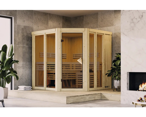 Elementsauna Karibu Sairi inkl. 9 kW Ofen u.integr.Steuerung mit bronzierter Ganzglastür Ecksauna aus Holz mit Glastür und Bänken im Innenraum