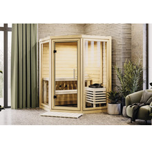 Ecksauna aus Holz mit Glastür und seitlichen Glaselementen in einem Raum