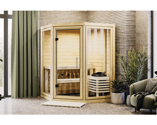 Ecksauna aus Holz mit Glastür und seitlichen Glaselementen in einem Raum