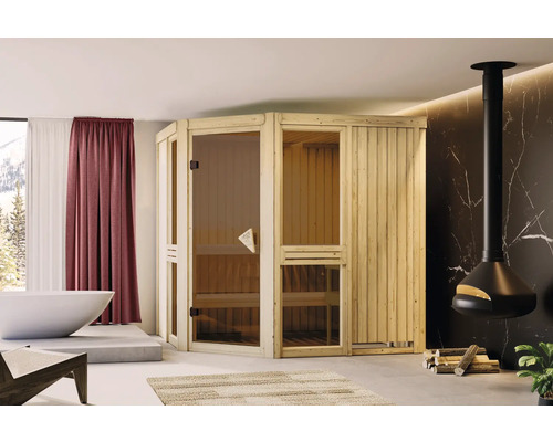 Elementsauna Karibu Omelia inkl.9 kW Ofen u.ext.Steuerung mit brobzierter Ganzglastür Innensauna aus Holz mit Glastür in einem Badezimmer