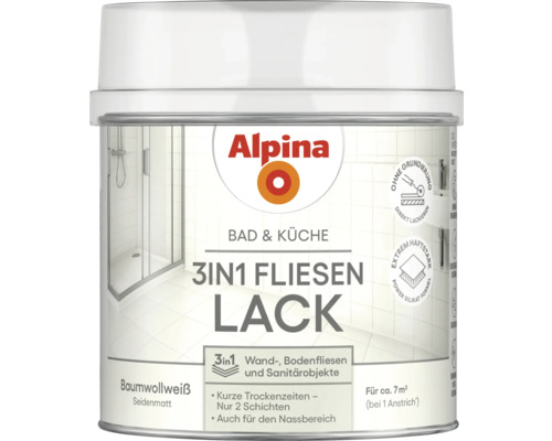 Alpina Bad und Küche 3 in 1 Fliesenlack weiß 500 ml Alpina 3-in-1 Fliesenlack für Bad und Küche in Baumwollweiß, seidenmatt