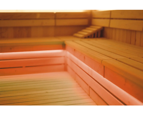 Helle Holzsauna mit Bänken und Treppe
