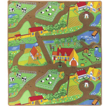 Spielteppich mit Bauernhofmotiv und Straßenmuster.