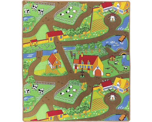 Spielteppich mit Bauernhofmotiv und Straßenmuster.