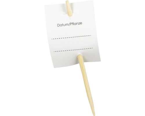 Pflanzenstecker aus Holz mit Beschriftungsfeld für Datum und Pflanzenname