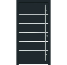 Moderne Haustür mit horizontalen Zierlinien und Stangengriff