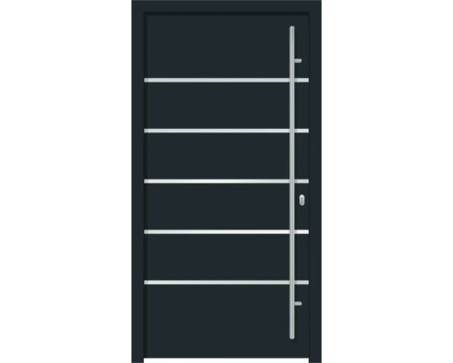 Moderne Haustür mit horizontalen Zierlinien und Stangengriff