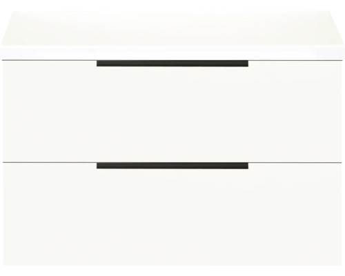 Weißer Waschtischunterschrank mit zwei Schubladen und Griffleisten