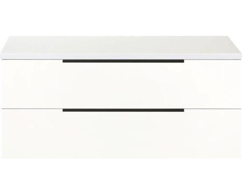 Weißer Waschtischunterschrank mit zwei Schubladen und Griffen