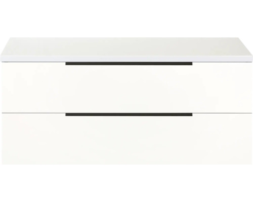 Weißer Waschtischunterschrank mit zwei Schubladen und Griffleisten