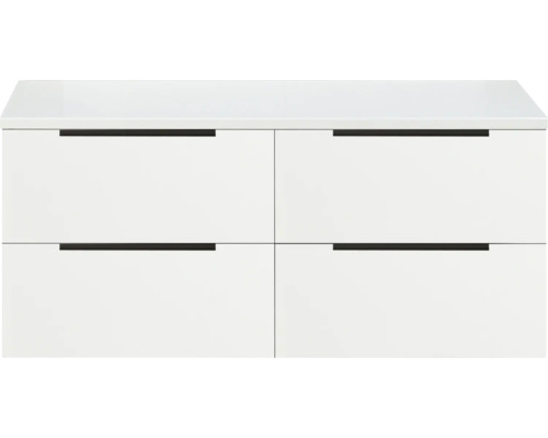 Weißer Waschtischunterschrank mit vier Schubladen und schwarzen Griffen