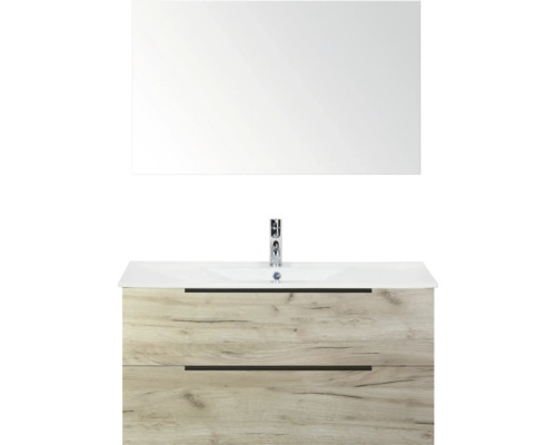 Waschtisch mit Unterschrank, Keramikwaschbecken und Spiegel