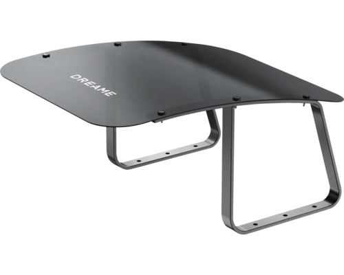 Mähroboter-Garage für Dreame A1 Pro und A2 Dreame Logo auf schwarzem Tisch mit Stahlrahmen