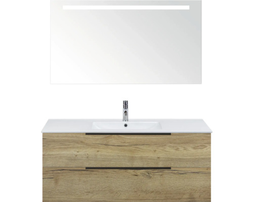 Waschtischkombination mit Spiegel und zwei Schubladen in Holzoptik