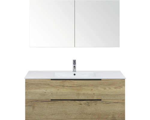 Badezimmermöbel-Set mit Waschtisch, Unterschrank mit zwei Schubladen und Spiegelschrank