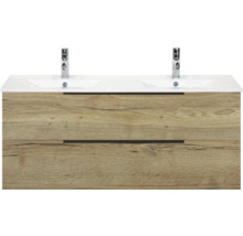 Waschtischunterschrank mit zwei Waschbecken und zwei Schubladen in Holzoptik