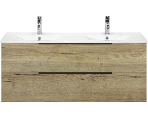 Waschtischunterschrank mit zwei Waschbecken und zwei Schubladen in Holzoptik