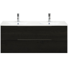 Waschtischunterschrank mit zwei Waschbecken und zwei Armaturen