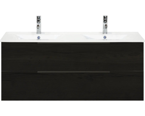 Waschtischunterschrank mit zwei Waschbecken und zwei Armaturen