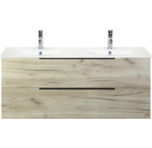 Waschtischunterschrank mit zwei Waschbecken und Schubladen in Holzoptik