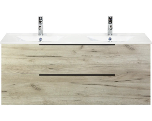 Waschtischunterschrank mit zwei Waschbecken und Schubladen in Holzoptik