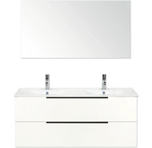 Waschtisch mit zwei Waschbecken, zwei Schubladen, zwei Armaturen und Spiegel für das Badezimmer