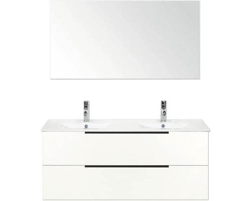 Waschtisch mit zwei Waschbecken, zwei Schubladen, zwei Armaturen und Spiegel für das Badezimmer