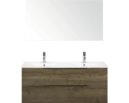 Waschtisch mit Spiegel und Holzunterschrank für das Badezimmer