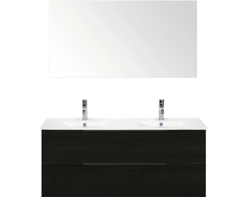 Waschtisch mit Spiegel, Unterschrank, zwei Waschbecken und Armaturen