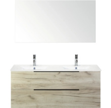 Waschtisch mit zwei Waschbecken, Unterschrank mit zwei Schubladen und Spiegel für das Badezimmer