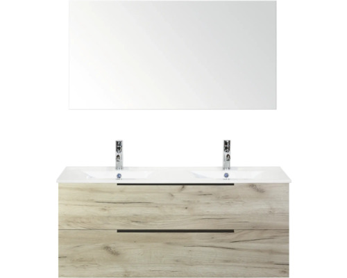 Waschtisch mit zwei Waschbecken, Unterschrank mit zwei Schubladen und Spiegel für das Badezimmer