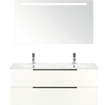 Waschtisch mit zwei Becken, Unterschrank mit zwei Schubladen und Spiegel mit Beleuchtung für das Badezimmer