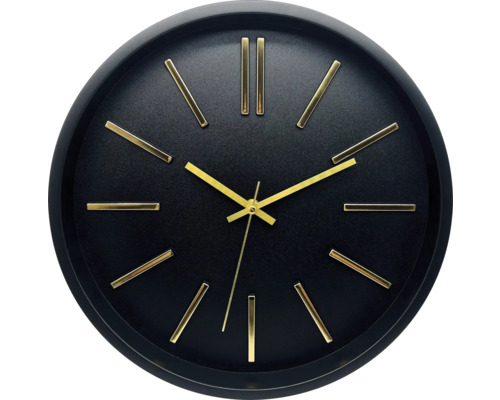 Schwarze Wanduhr mit goldenen Zeigern und Markierungen