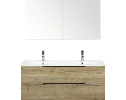 Waschtisch mit zwei Waschbecken, zwei Armaturen, zwei Schubladen und Spiegelschrank