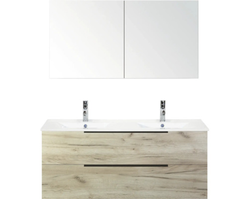 Waschtisch mit Spiegel, Holzdekor und zwei Becken