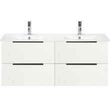 Weißer Doppelwaschtischunterschrank mit vier Schubladen und zwei Armaturen