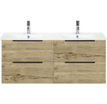 Waschtischunterschrank mit zwei Waschbecken und vier Schubladen in Holzoptik