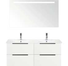 Waschtisch mit zwei Waschbecken, Unterschrank und Spiegel mit Beleuchtung