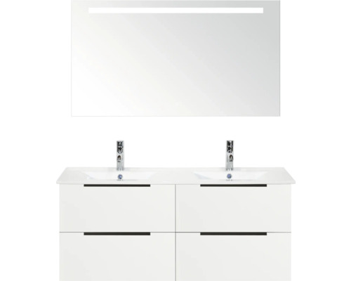 Waschtisch mit zwei Waschbecken, Unterschrank und Spiegel mit Beleuchtung