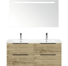 Waschtisch mit zwei Waschbecken, Spiegel und Holzoptik