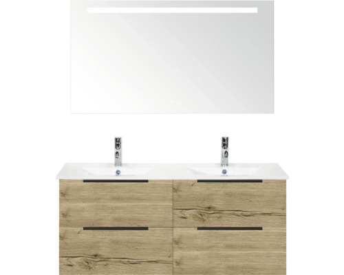 Waschtisch mit zwei Waschbecken, Spiegel und Holzoptik