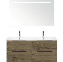 Waschtisch mit zwei Waschbecken, Holzoptik und Spiegel mit Beleuchtung