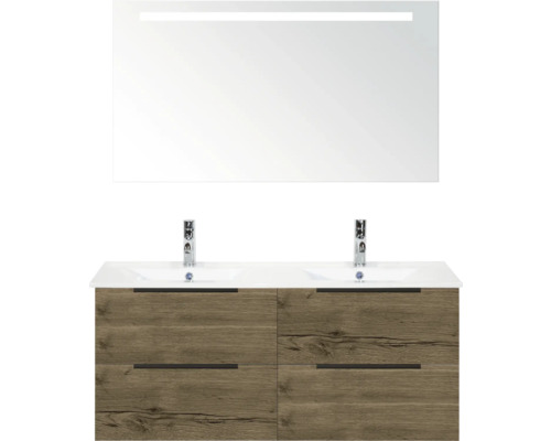 Waschtisch mit zwei Waschbecken, Holzoptik und Spiegel mit Beleuchtung